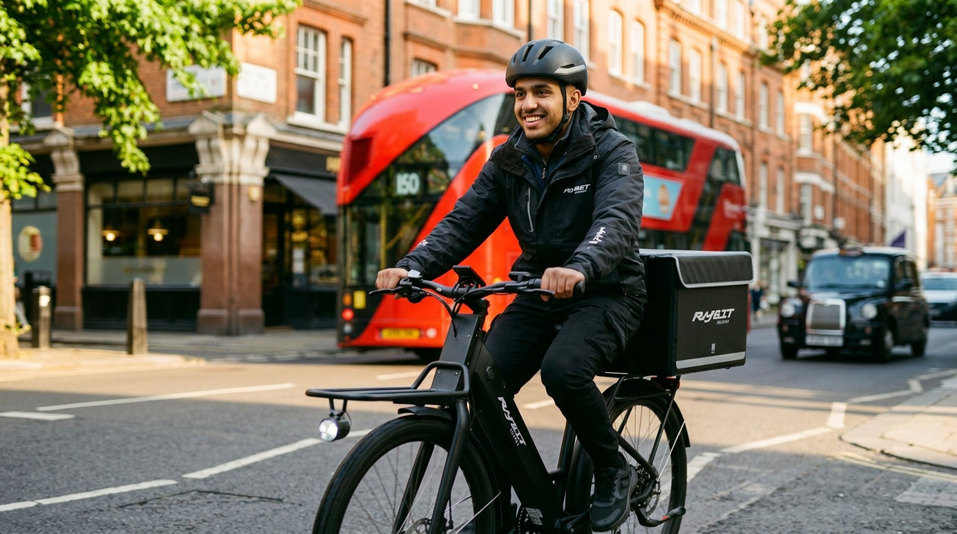 Rybit delivery rider at dusk